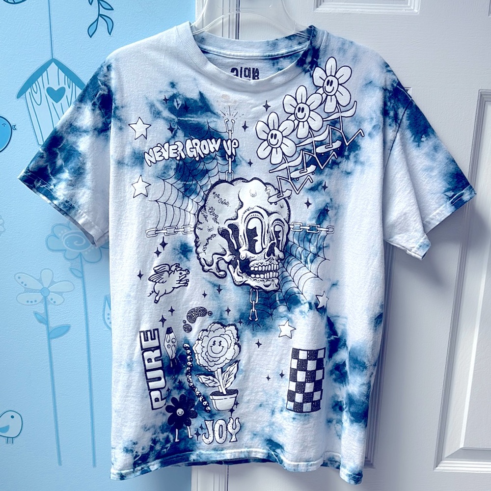 A-Lab Blue & White Never Grow Up Tie Dye Graphic 100% Cotton T-Shirt Mens Size M